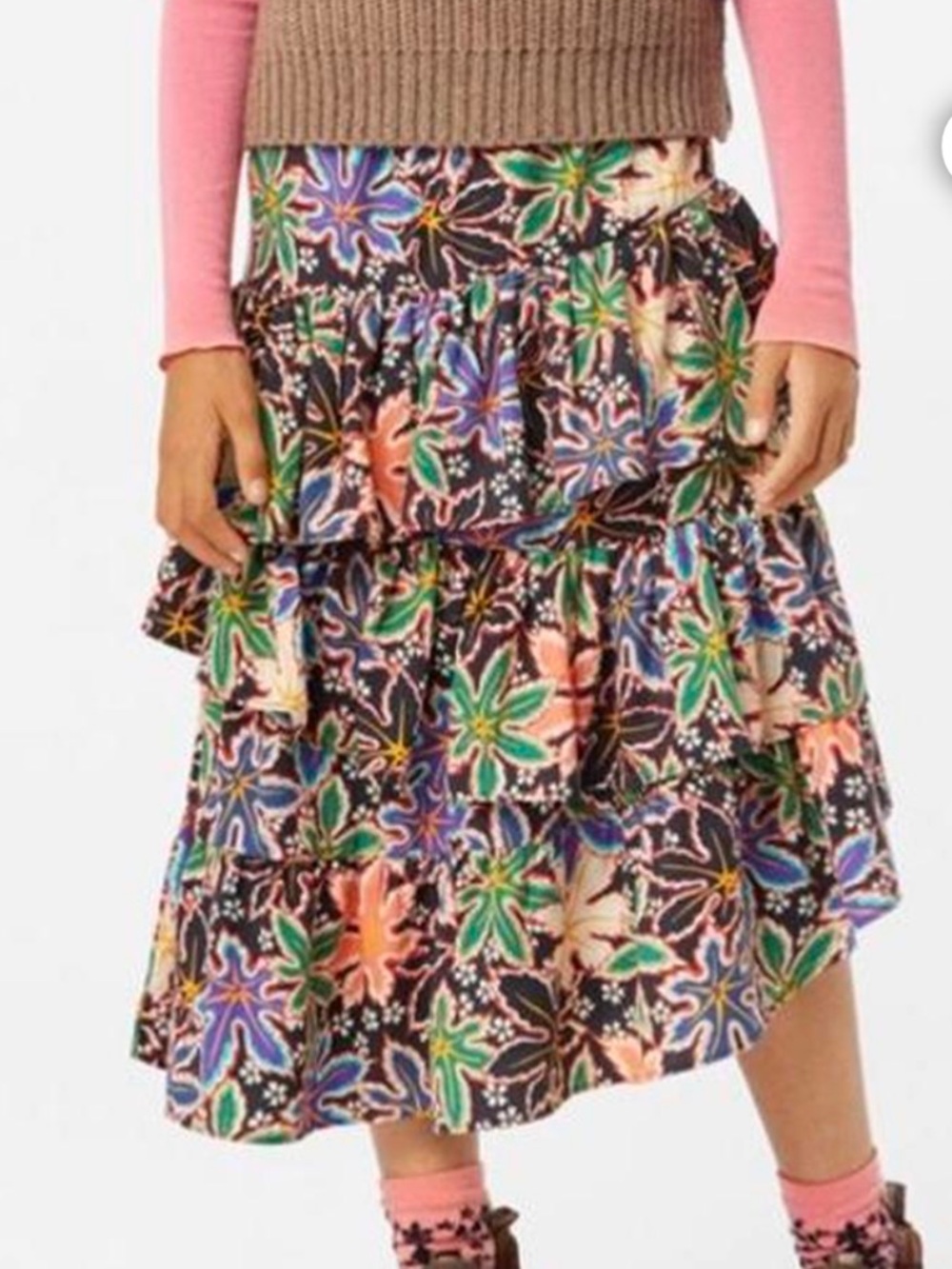 Molo Floral Tiered Midi Skirt in Black with Green, Blue & Pink Accents